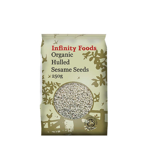 bag of organic hulled sesame seeds on white background