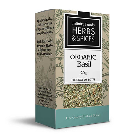 Box of Infinity Foods Organic Basil on a white background