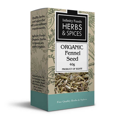 Box of Infinity Foods Organic Fennel Seed on a white background
