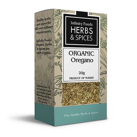 box of Infinity Foods organic oregano on white background