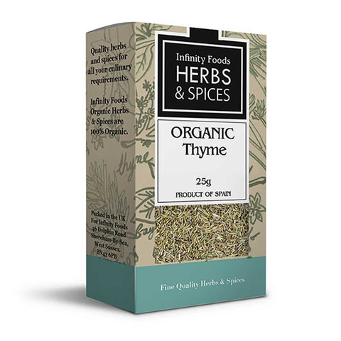 box of Infinity Foods organic thyme 25g on white background