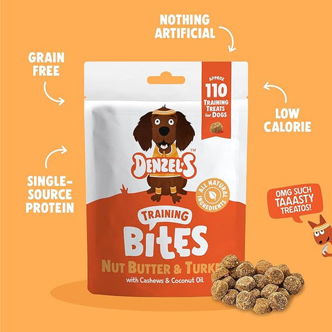 bag of Denzel's training bites on orange background