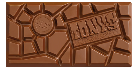 Chocolate bar with Tony's Chocolonely branding on a white background