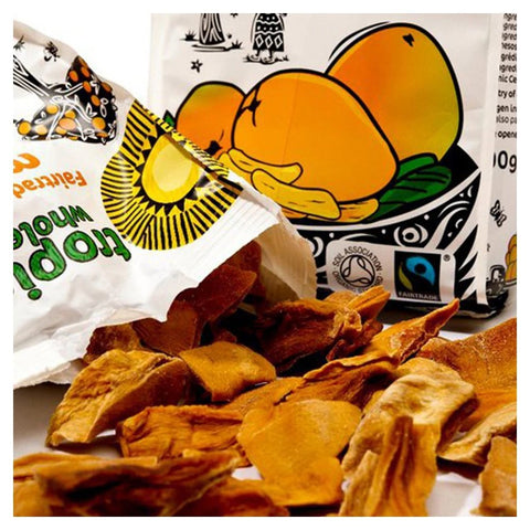 open bag of sun-dried mangoes with dried mangoes pouring out of it