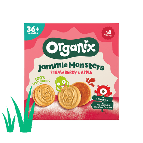 Organix Jammie Monsters Strawberry & Apple cookies packaging on a white background