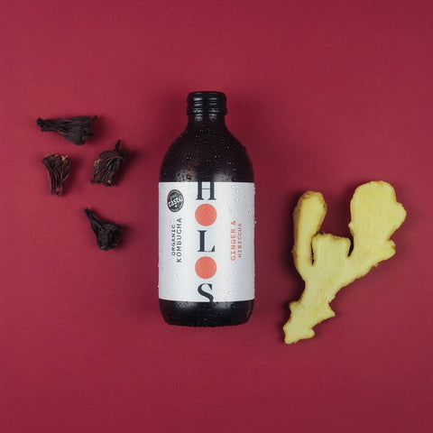 Bottle of holios kombucha with ginger and hibiscus  on red background