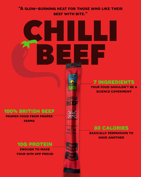 Infographic for angus way chilli beef protein bar showing high protein 10g per bar