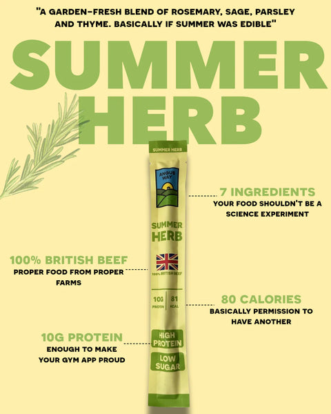 Infographic for Angus Way beef stick showing few ingredients, high-protein and 100% british beef