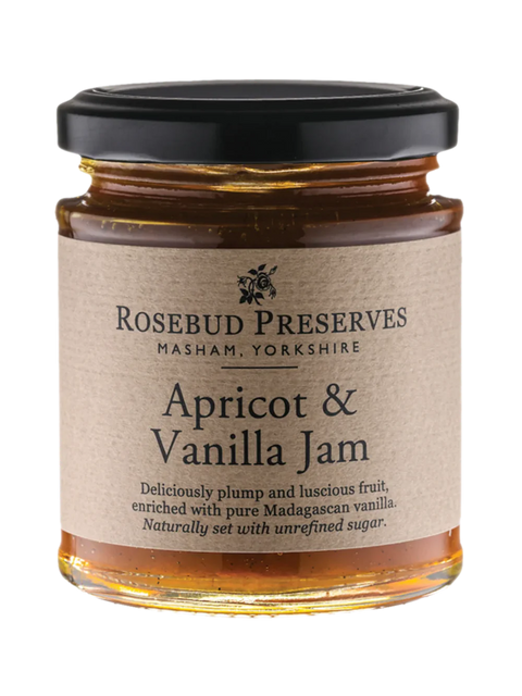 Jar of Rosebud Preserves Apricot & Vanilla Jam on a white background
