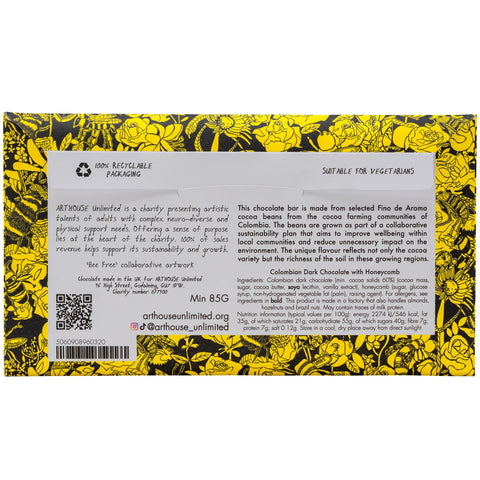 Chocolate bar packaging with floral design and text on a white background