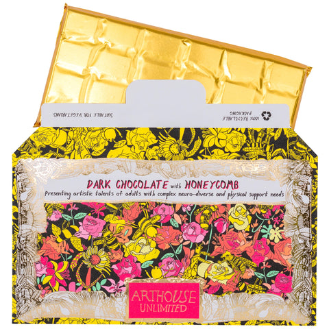 Floral-patterned chocolate packaging with 'Arthouse Unlimited' branding