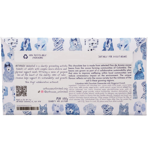 Back of blue dogs arthouse chocolate with ethical brand story