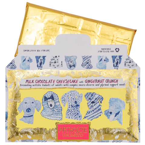 Chocolate bar packaging with artistic designs and text on a white background