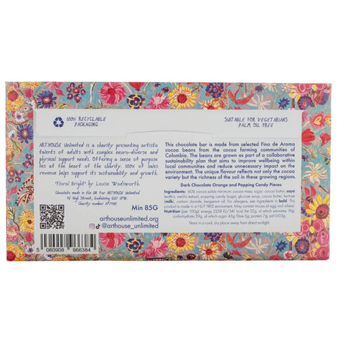 Floral-patterned chocolate bar packaging with text and QR code on a white background