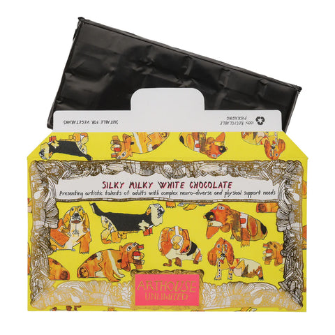 Silky Milky White Chocolate packaging with artistic illustrations of dogs on a yellow background