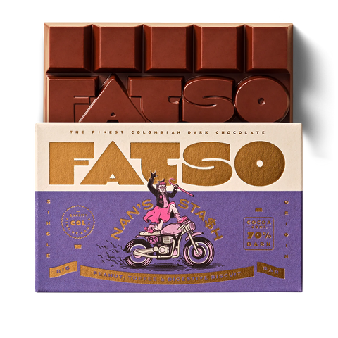 Chocolate bar with 'FATSO' branding and a colorful box design.
