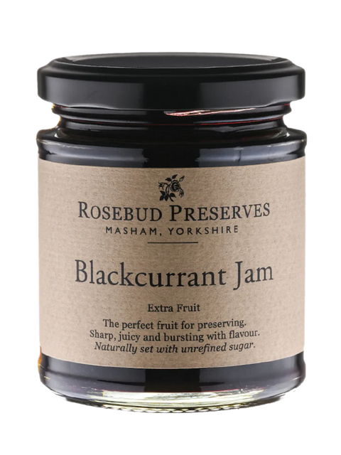jar of Rosebud Preserves Blackcurrant Jam on white background