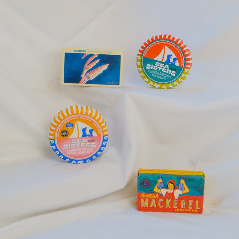 Collection of british tinned fish with colourful boxes on a white background