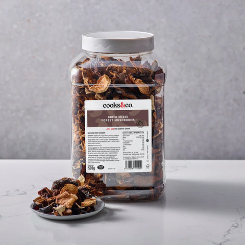 back label on container of dried mixed forest mushrooms