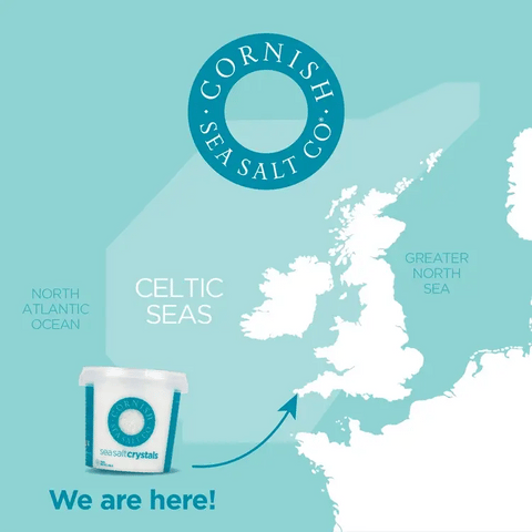 Map of the United Kingdom with a container of Cornish Sea Salt Co. sea salt crystals on a teal background.