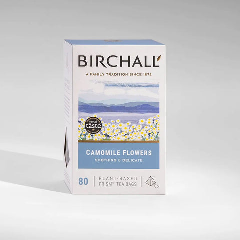 Birchall Camomile Flowers tea packaging on a light gray background