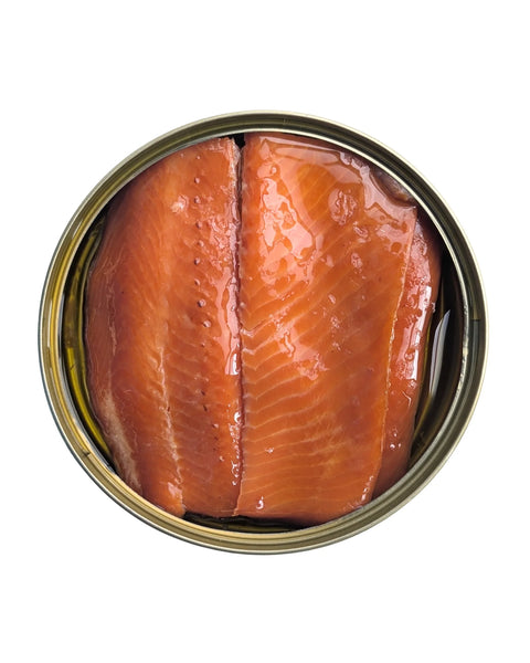 tin of smoked rainbow trout on white background