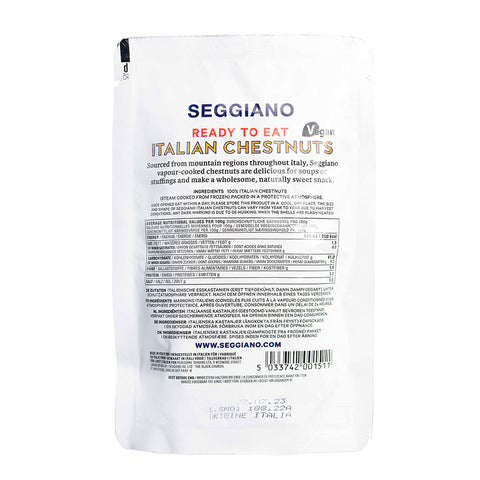 A white stand-up pouch of Seggiano Ready to Eat Italian Chestnuts on a plain white background, showing the front label with product details, ingredients, and a barcode.