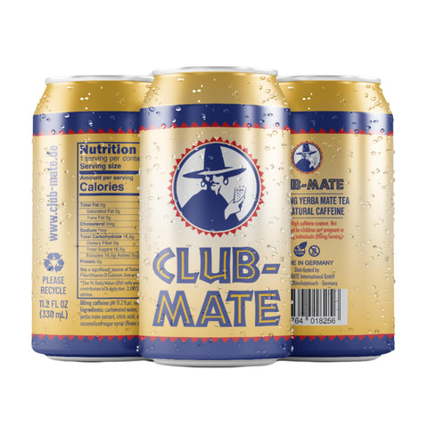 3 cans of club mate showing the front back and sides