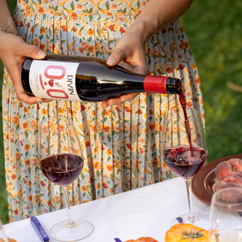 Person pouring red wine from a bottle labeled 'Divin' into a glass outdoors.