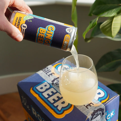 A hand pours a light yellow liquid from a can of ginger beer into a clear glass, with a blue cardboard case of ginger beer in the background and green leaves in the upper right.