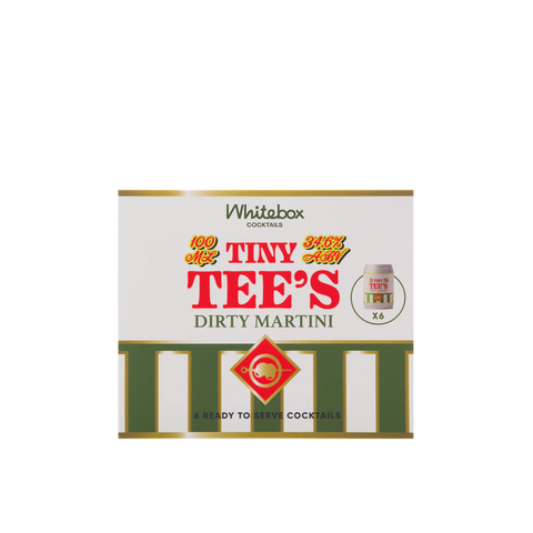Whitebox cocktails Tiny Tee's Dirty Martini cocktail mix box, featuring a white background with green and white striped bands, red and yellow text, and a small illustration of the included 6-count jar.