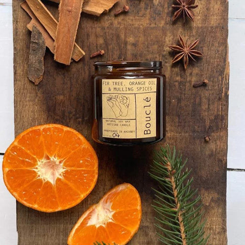 boucle candle fir tree, orange oil & mulling spices 120ml