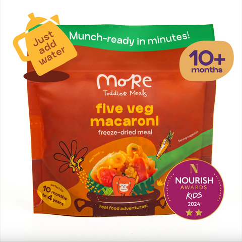 Package of more Toddler Meals five veg macaroni freeze-dried meal with branding and certification badge.