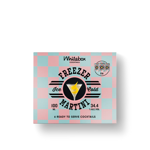 A rectangular product box for Whitabox Freezer Ice Cold Martini 100 mL cocktail mix, featuring a pastel pink and light blue checkerboard pattern with a central martini glass graphic.