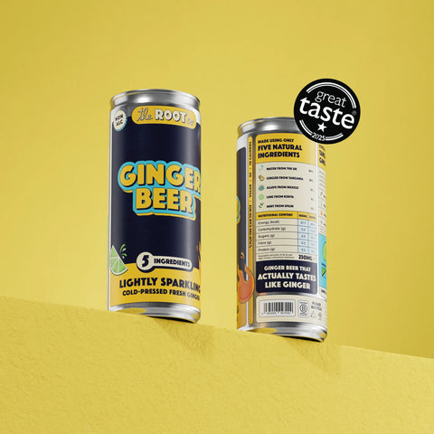 Two cans of The Root Ginger Beer are displayed on a yellow textured surface against a matching yellow background. One can shows the front label with 'GINGER BEER' in yellow and blue, and the other shows the back with a nutrition panel and ingredients list.