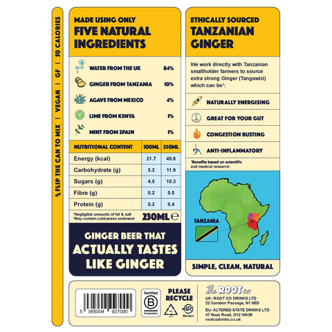 Front and back of a Rootree Ginger Beer can, showing product claims, ingredients, nutritional content, and a map of Tanzania on a yellow, white, and blue label.