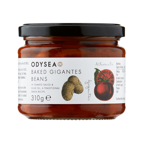 Odysea baked gigantes beans in tomato sauce and olive oil on white background