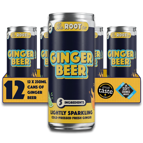 A pack of 12 cans of The Root So Ginger Beer, featuring a dark navy blue label with yellow and light blue lettering, displayed on a white background with a yellow cardboard carrier.