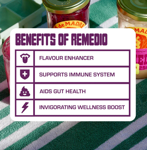 Card listing benefits of Remedio with jars in the background