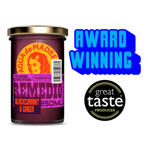 Jar of Agua de Madre Remedio with 'Award Winning' and 'Great Taste Producer' labels on a white background