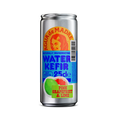 Silver can of Agua de Madre Water Kefir with colorful label on a white background