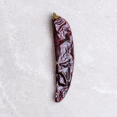 Dried red chili pepper on a light gray surface