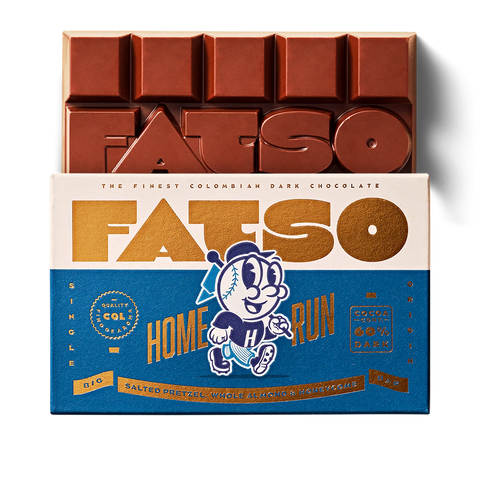 Fatso chocolate bar with packaging featuring a cartoon character on a white background