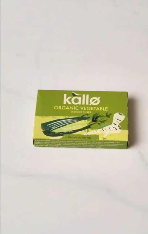 box of Kallo organic vegetable and stock cubes on a white surface