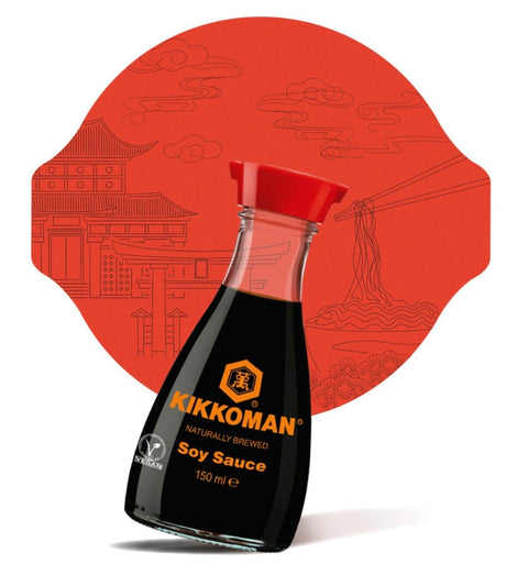 A bottle of Kikkoman soy sauce with a red cap and black label, set against a red circular graphic background with traditional line art of a pagoda and noodles.