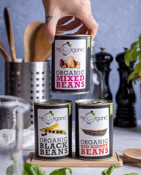 3 cans of mr organic beans, including organic mixed beans, organic black beans, organic red kidney beans