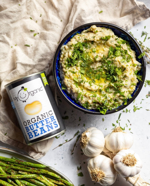 can of mr organic Organic Butter Beans next to dish
