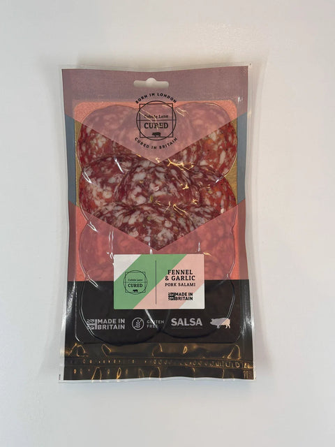 Packaged salami with visible brand labels on a white background