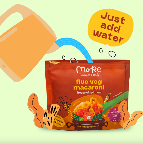 Package of 'more Toddler Meals five veg macaroni' with a cartoon watering can and text 'Just add water'.
