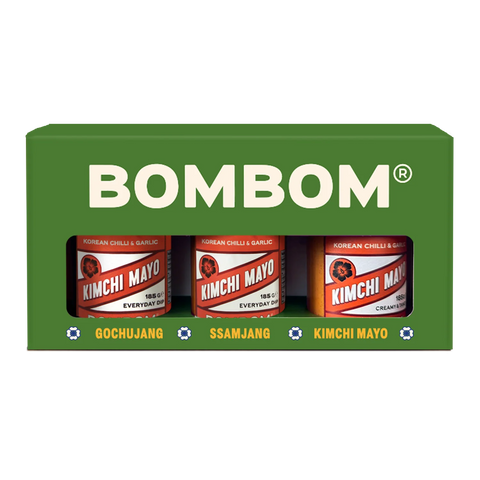 Green packaging of Bombom Kimchi Mayo with three jars inside on a white background
